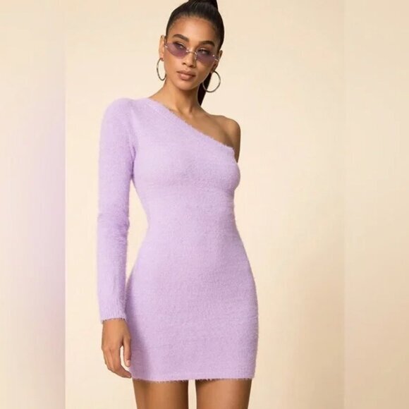 Superdown Christine One Shoulder Dress Size M Lavender Fuzzy Eyelash Revolve - Picture 2 of 16